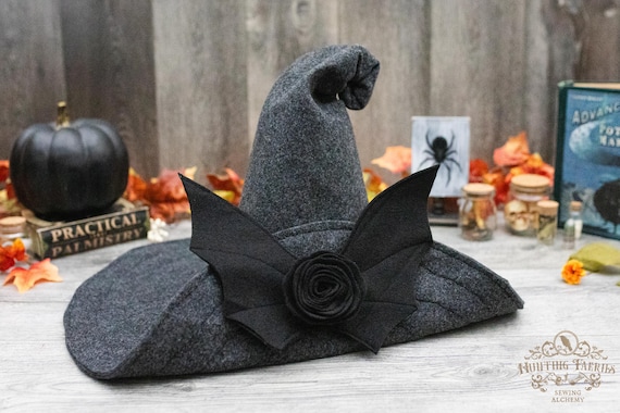 Gwendolyn the Charcoal Felt Witch Hat with Bat, crooked witch hat, wizard hat, large brim witch hat, ren faire hat