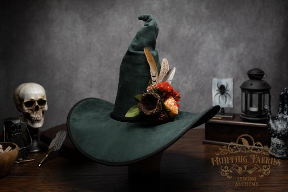 Witch Hat ~Hunter~ Forest Green, Crooked with Woodland Accents