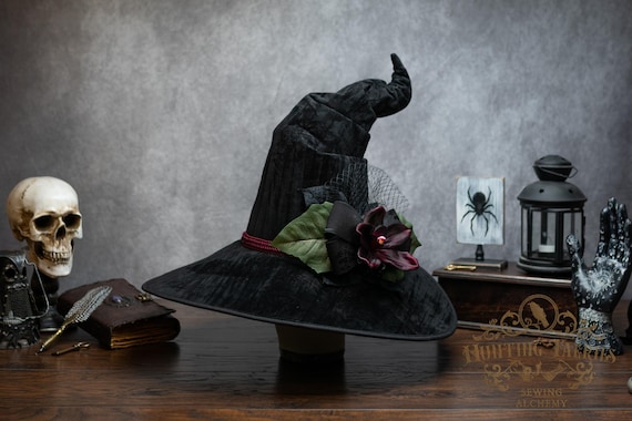 Witch Hat ~Orchid~ Black Crushed Velveteen, Crooked, Floral Bow Accent