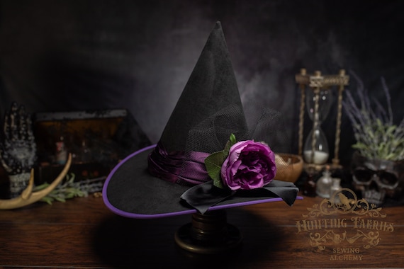 Dianthe the Black Witch Hat with Peony and Purple Accents