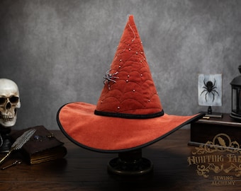 Witch Hat ~Squash~ Orange with Sewn Spider Web and Beaded Spider