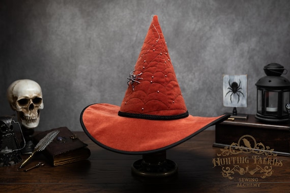Witch Hat ~Squash~ Orange with Sewn Spider Web and Beaded Spider