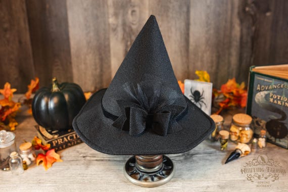 Hagatha the Short Coned Witch Hat in Black Felt with Blk Velvet , petite witch hat, dark academia witch hat, ren faire, modern witch hat