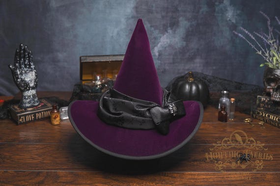 Adeline~Plum Witch Hat in Velvet: Black Silk Floral Scarf & Bow, Glam Witch, Ren Faire, Halloween Costume