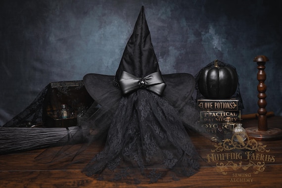 Adeline~Black Velour Witch Hat: Leather and Lace