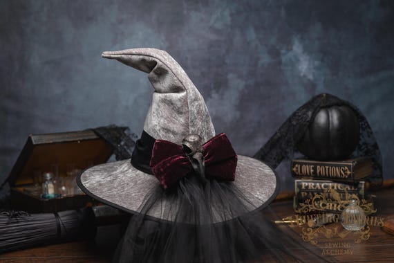 Sparrow~ Grey Crooked Witch Hat: Black Satin Band, Burgundy Velvet Bow with Crow Skull and Tulle Train