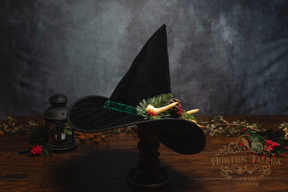 Yule Witch Hat in Black Velvet: Gold Band and Embroidered Barn Owl Brooch