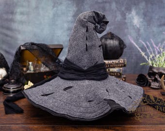 Gayle Distressed Grey Witch Hat: Large Crooked Brim, Halloween/Ren Faire Costume, Wizard