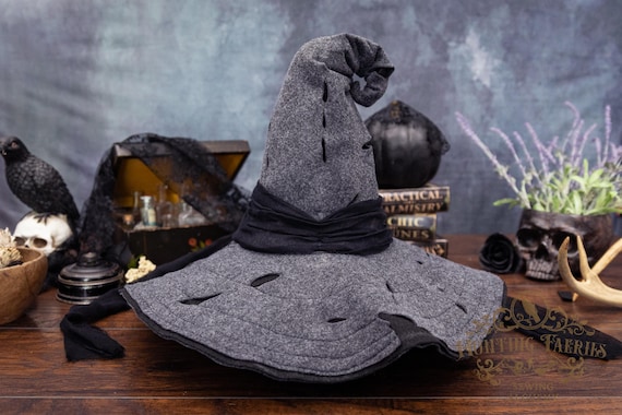 Gayle Distressed Grey Witch Hat: Large Crooked Brim, Halloween/Ren Faire Costume, Wizard