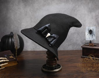 Ophelia Vintage Style Felt Witch Hat: With Bird Skull Bow, Dark Academia