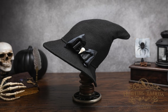 Ophelia Vintage Style Felt Witch Hat: With Bird Skull Bow, Dark Academia