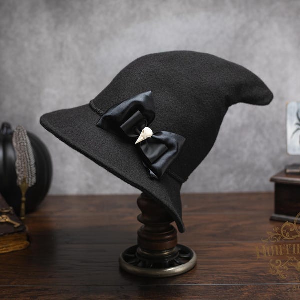 Ophelia Vintage Style Felt Witch Hat: With Bird Skull Bow, Dark Academia