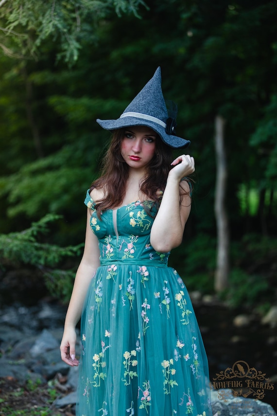 Hagatha the Short Charcoal Witch Hat Grey Velvet Ribbon and Bow petite witch hat, dark academia witch hat, ren faire, cottage core witch hat