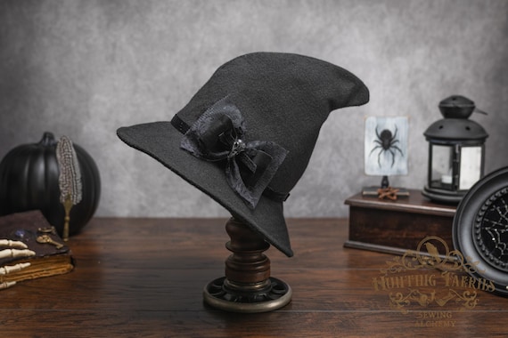 Ophelia Vintage Style Black Felt Witch Hat: Lace and Velvet Bow & Bird Skull Pin, Dark Academia