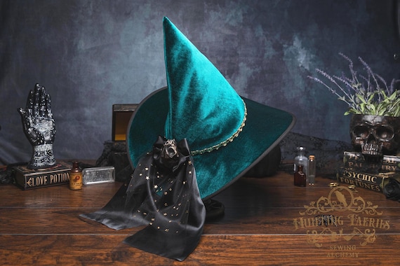Adeline~Green Witch Hat in Velvet: Gold Accents, Black Bow, Cat Skull; Glam Witch, Ren Faire, Halloween Costume