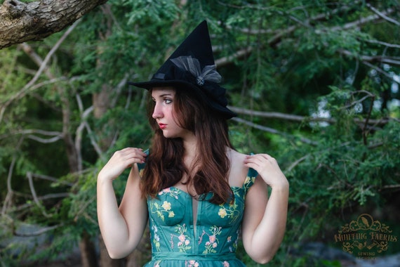 Hagatha the Short Coned Witch Hat in Black Felt with Cameo decoration, petite witch hat, dark academia witch hat, ren faire, modern witch