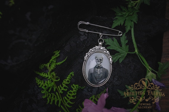 Suited Skeleton Victorian Brooch with Kilt Pin, Witch Hat Accessory, Halloween Accessory, Witchcore Jewelry, Halloween Aesthetic Pin