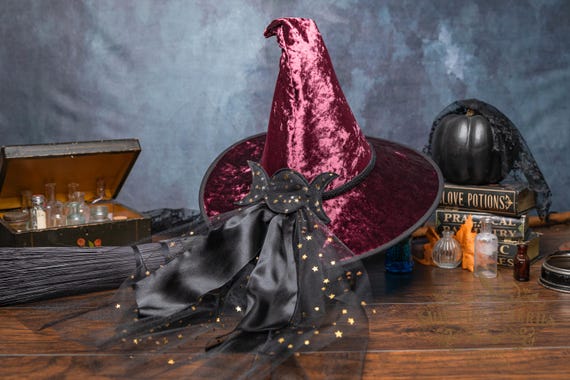 Ready to Ship~ Sparrow~ Merlot Crooked Witch Hat: Braided Gimp Band, Moon Phase Back Decoration with Train/Veil