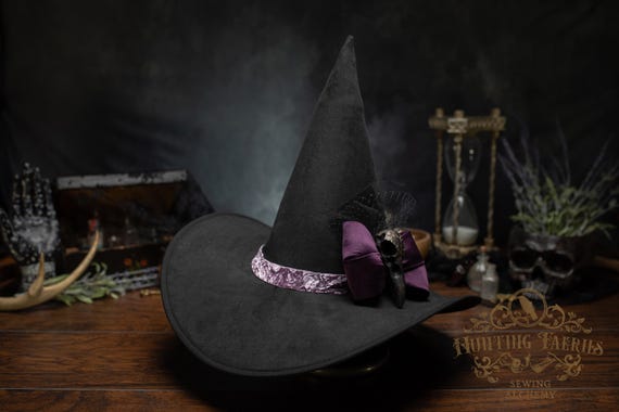 Bora the Witch Hat Black Faux Suede with Purple Accents and Crow Skull