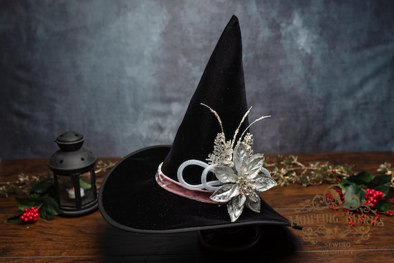 Hester~ Yule Witch Hat in Black Velvet with Crooked Cone with Pink Bow & Poinsettia