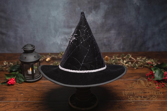 Hagatha Yule Witch Hat in Black Velvet: Christmas Spider and Web Decoration