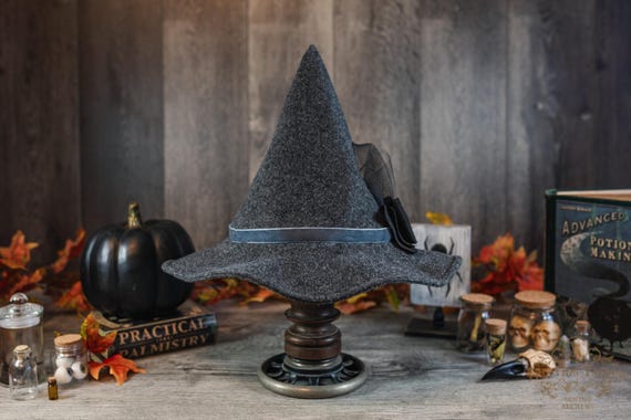 Hagatha the Short Charcoal Witch Hat Slate Velvet Ribbon & Bow petite witch hat, dark academia witch hat, ren faire, cottage core witch hat