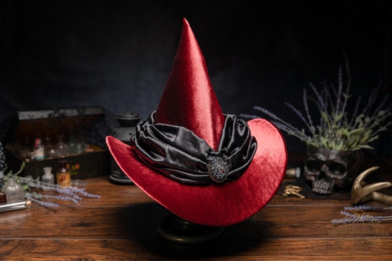 The Black Widow Velvety Red Witch Hat, Sorceress Hat, Dark Witch Hat, curled brim witch hat, Wizard Hat, Ren Faire Hat, Temptress Witch Hat