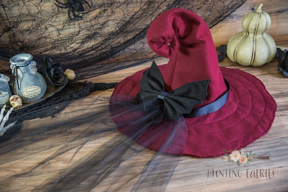 Estella the Curl Back Witch Hat in Burgundy Felt, Back curled witch hat, large brim hat, hedge witch hat, ren faire hat, wizard hat
