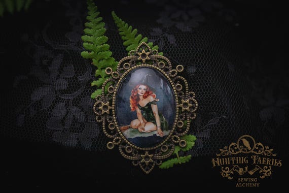 Red Headed Pinup Witch Pendant Brooch, Witch Hat Accessory, Halloween Accessory, Spooky Vibe Pin