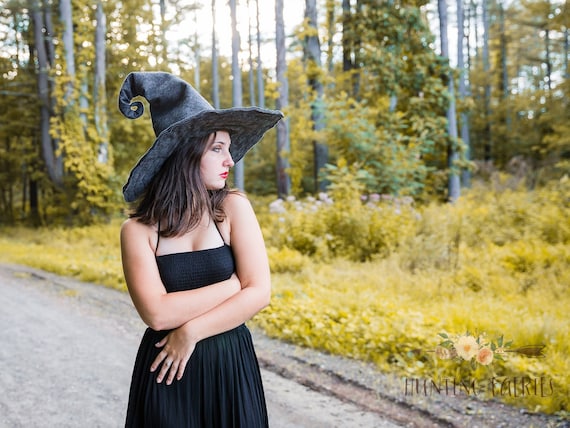 Estella the Curl Back Witch Hat in Charcoal felt, crooked witch hat, grungy witch hat, hedge witch hat, classic dark witch hat