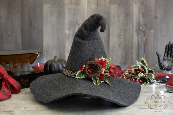 Ready to Ship! Charcoal Tish the witch hat with birds nest Yule decoration, for Costume, Cosplay, side crook, large brim witches hat