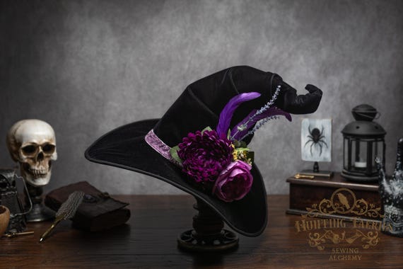 Witch Hat ~Holly~ Black Velvet, Purple Ribbon with Feather and Floral Accents