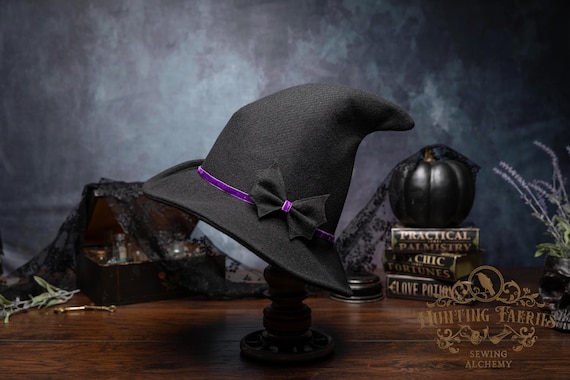 Ophelia Vintage Style Felt Witch Hat: Purple Velvet Ribbon & Bat Bow, Dark Academia