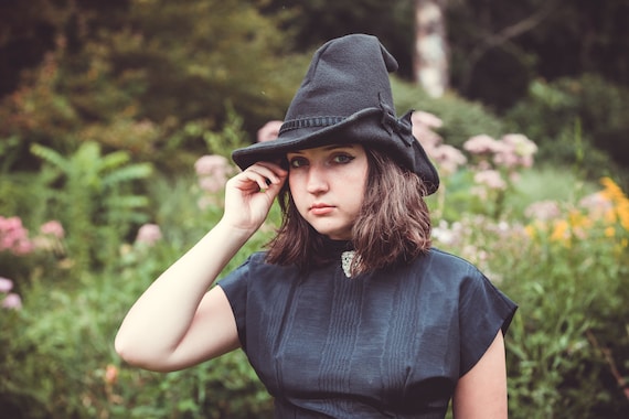 Ophelia the Vintage Witch Hat in Black Felt and velvet ribbon cloche witch hat, dark academia witch hat, ren faire, cottage core witch hat