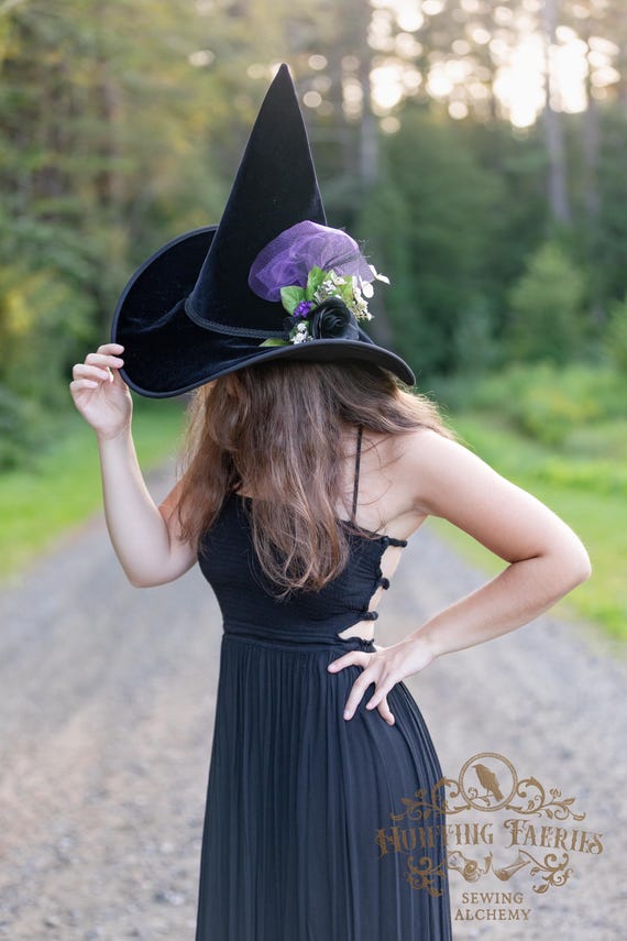 Hester Black Velvet Witch Hat: Rose & Purple Accents, Mid-Sized Brim