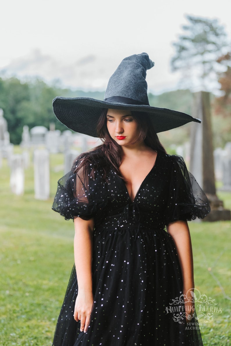 Beatrice Extra Large Brim Witch Hat in Charcoal Felt, crooked witch hat, ren faire hat, sorceress hat, hedge witch hat, classic witch hat image 6