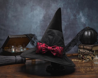 Solstice~Black Velvet Witch Hat: Lace Band and Red Lace Bow