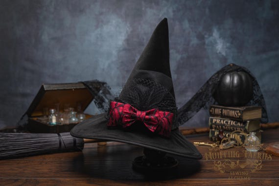 Solstice~Black Velvet Witch Hat: Lace Band and Red Lace Bow