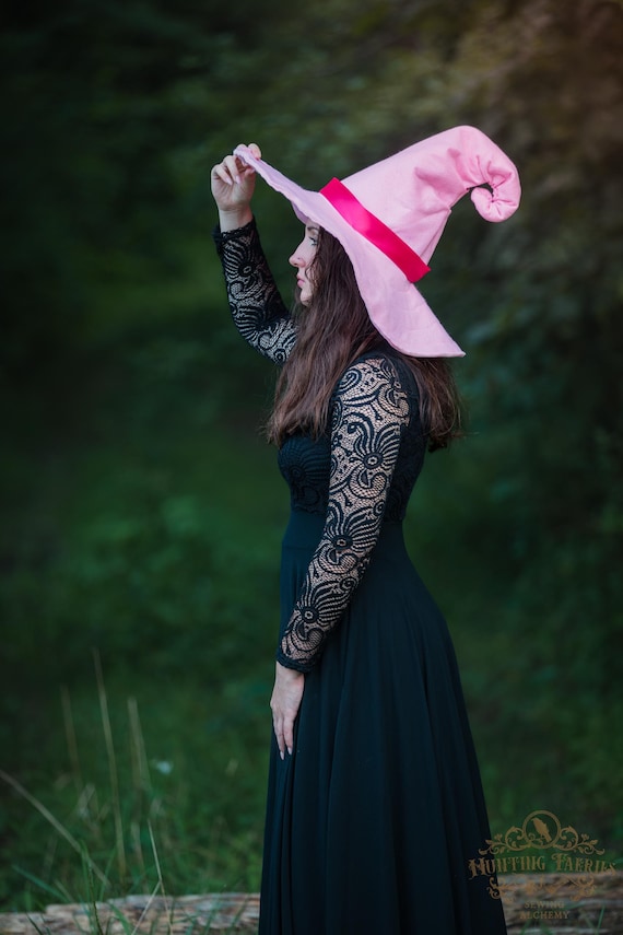 Pinktastic Pink Felt Witch Hat with Pink Ribbon, crooked witch hat, wizard hat, large brim witch hat, ren faire hat