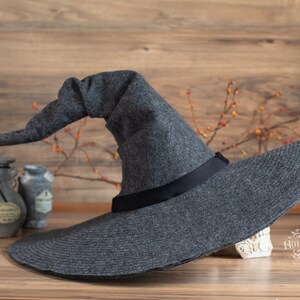 Beatrice Extra Large Brim Witch Hat in Charcoal Felt, crooked witch hat, ren faire hat, sorceress hat, hedge witch hat, classic witch hat image 2