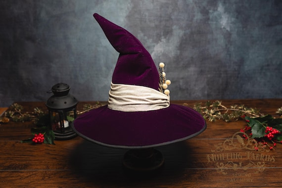 Sparrow~ Yule Witch Hat in Plum Velvet: With Gold Accents