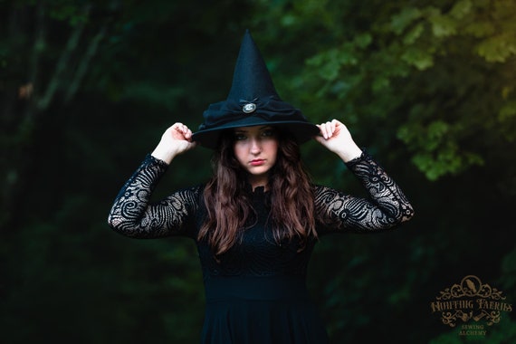 Hazel Witch Hat in Black Felt, Short Coned hat, wired brim, Ribbon Bow Cameo, Petite witch hat,dark academia witch hat, ren faire witch hat
