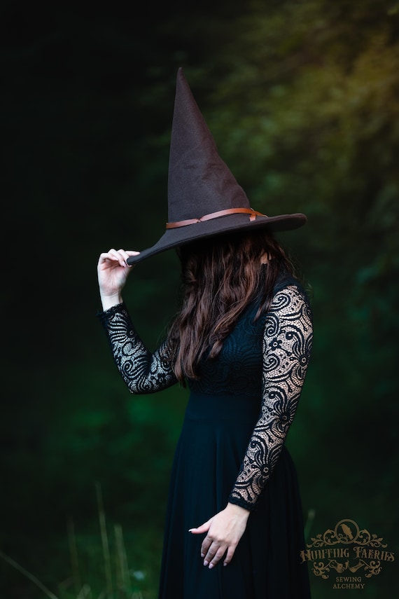 Freya the Wizard Hat in Brown Felt, Straight Cone witch hat, hedge witch hat, ren faire hat, cottage witch hat, elemental witch hat