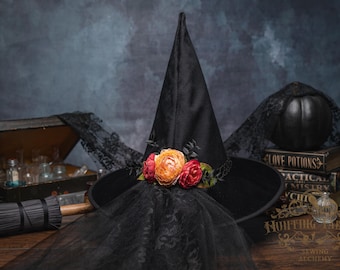 Solstice~ Black Velour Witch Hat: Pointed Cone, Orange Flowers with Lace and Tulle Veil/Train