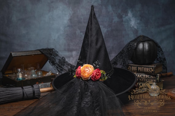 Solstice~ Black Velour Witch Hat: Pointed Cone, Orange Flowers with Lace and Tulle Veil/Train