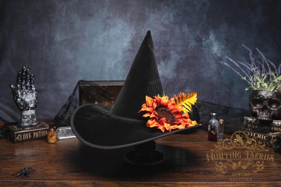 Adeline~Black Velvet Witch Hat with Fall Accents: Sunflower & Fern, Earthy Forest Witch, Low Profile, Ren Faire, Halloween Costume