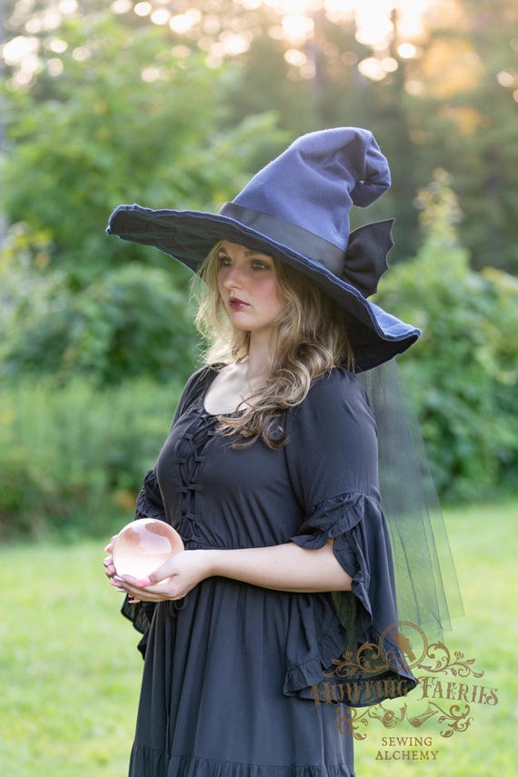 Estella the Curl Back Navy Blue Witch Hat in felt, crooked witch hat, ren faire hat, hedge witch hat, classic witch hat, wizard hat