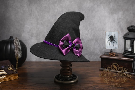 Ophelia Vintage Style Felt Witch Hat: Purple Velvet Ribbon & Bird Skull Bow, Dark Academia