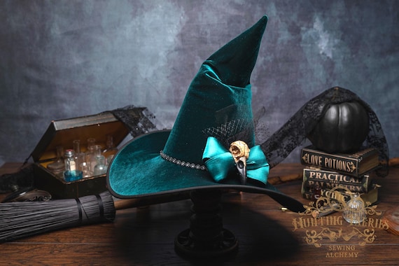 Hester~ Emerald Green Witch Hat: Crooked with Green Bow and Crow Skull Decoration