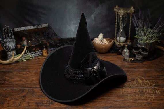 Della the Black Velveteen Witch Hat with Dark Crow Skull